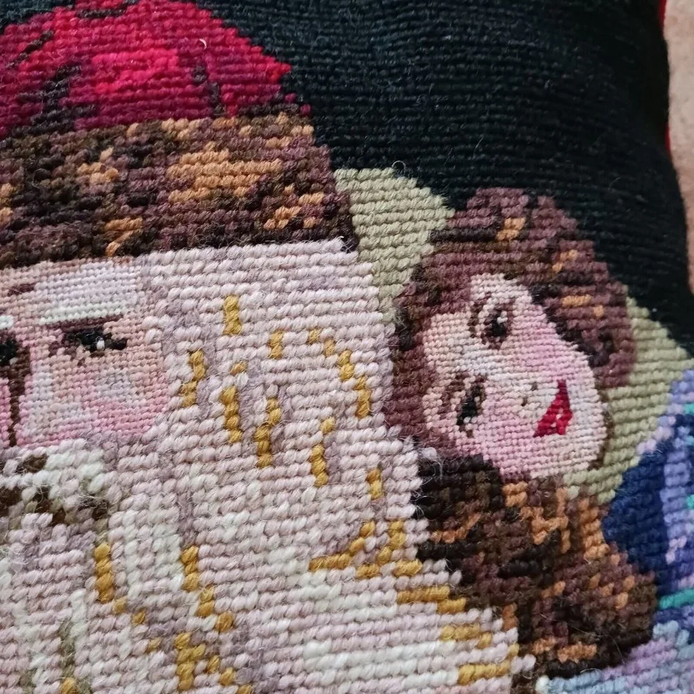 Vintage Santa Children Petit Needlepoint Pillow 13 x‎ 13 Holly